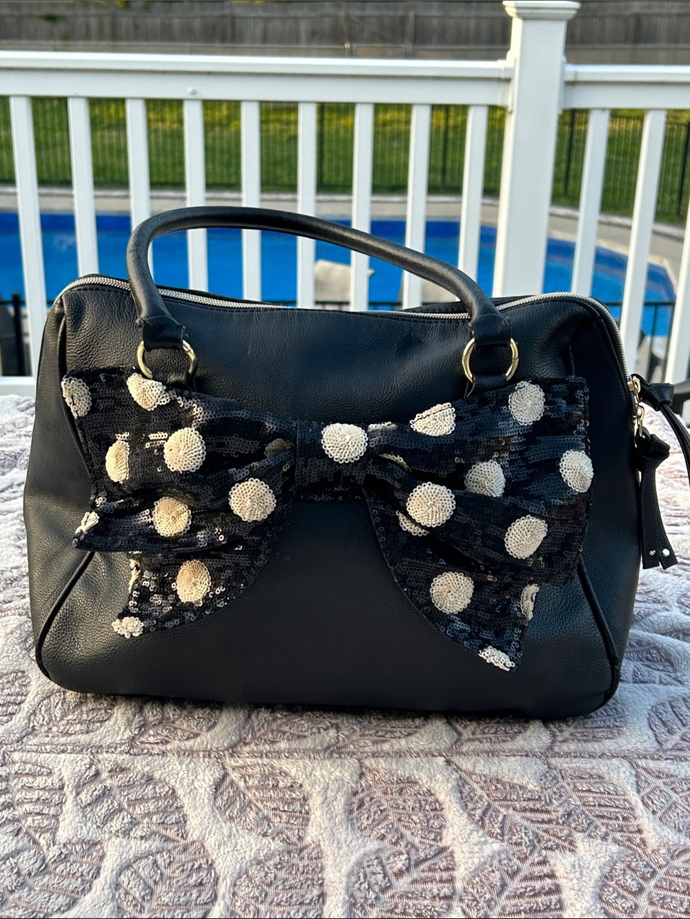 Betsey Johnson Black Satchel with White Polka Dot Sequin Bow